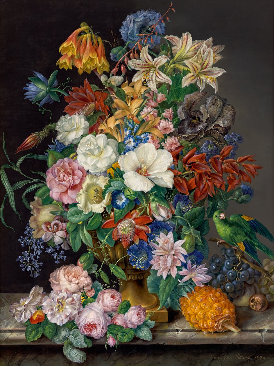 Blumenstück mit Ananas, Trauben und Papagei von Franz Xavier Petter