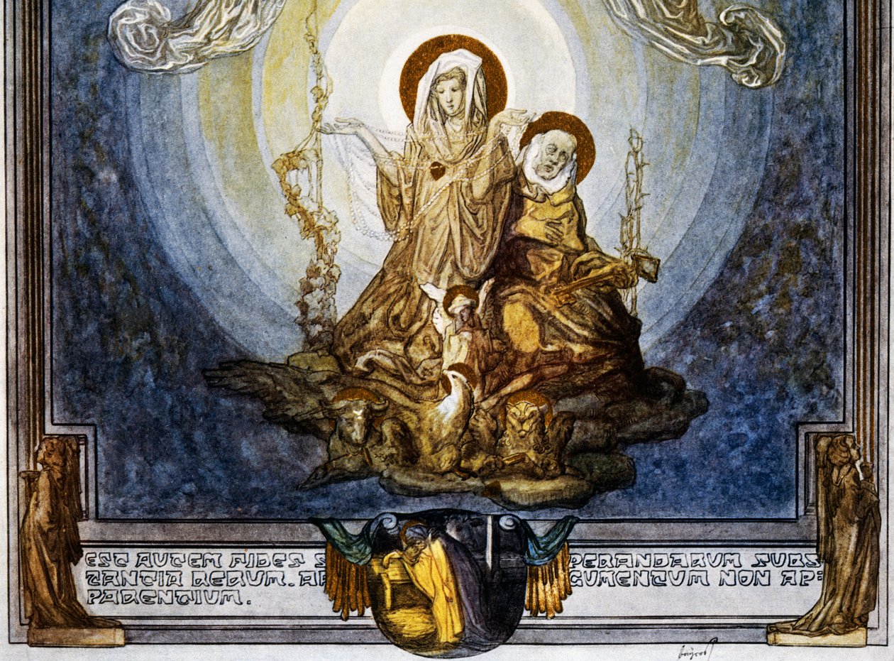 Der Glaube ist die Substanz der Dinge, die wir erhoffen, und der Beweis derer, die nicht gesehen werden, und dies erscheint mir seine Wesenheit, Gesang XXIV, Himmel, Göttliche Komödie von Dante Alighieri, Illustration von Franz von Bayros (1866-1924), Wien von Franz von  Bayros