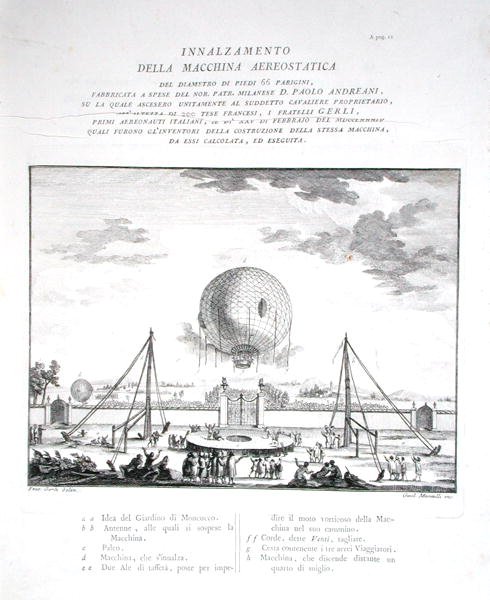 Erster bemannter Heißluftballonflug in Italien durch Paolo Andreani, 1784, graviert von Girolamo Mantelli, veröffentlicht 1785 (Gravur) von Fratelli Gerli (after)