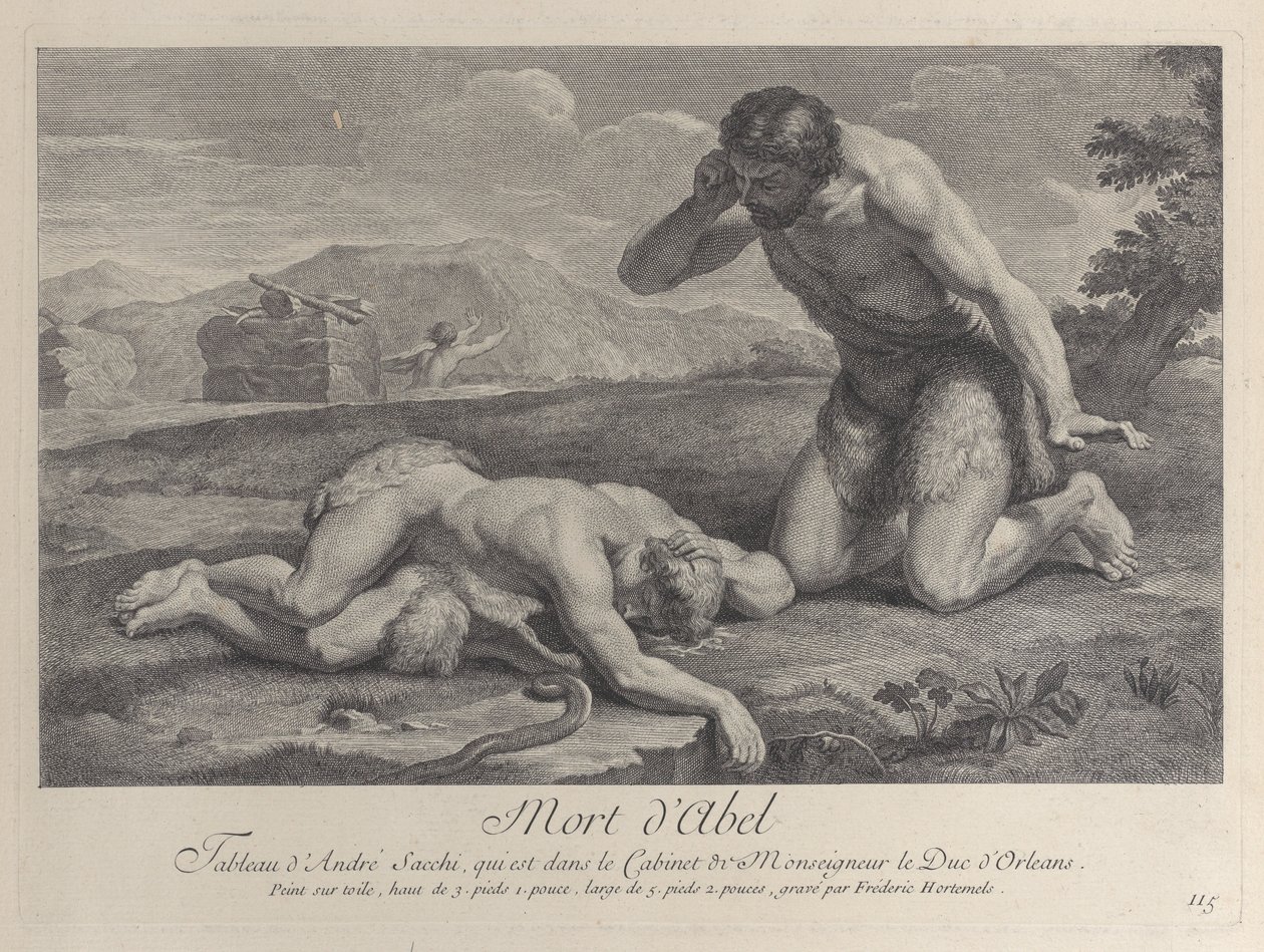 Adam kniet in Trauer neben dem Körper Abels, während Kain im Hintergrund flieht, ca. 1729 von Frédéric Horthemels