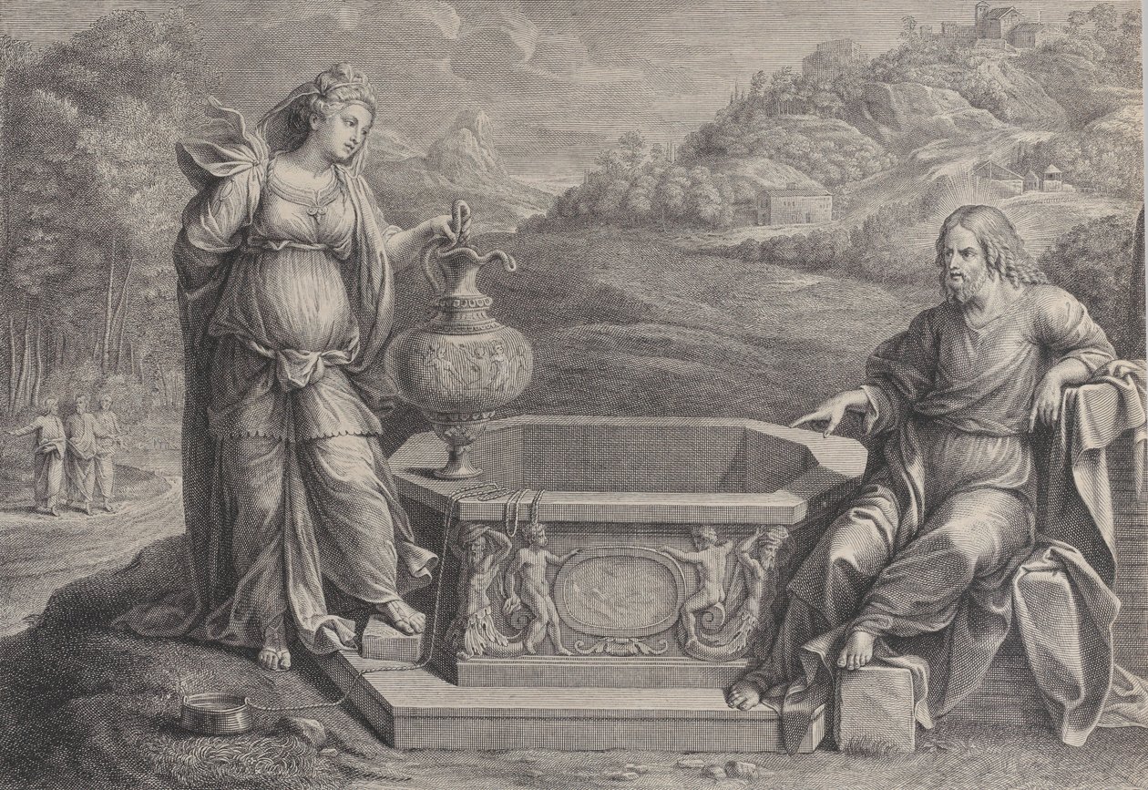 Christus, sitzend rechts, und die Frau von Samaria, die links steht, ca. 1729 von Frédéric Horthemels