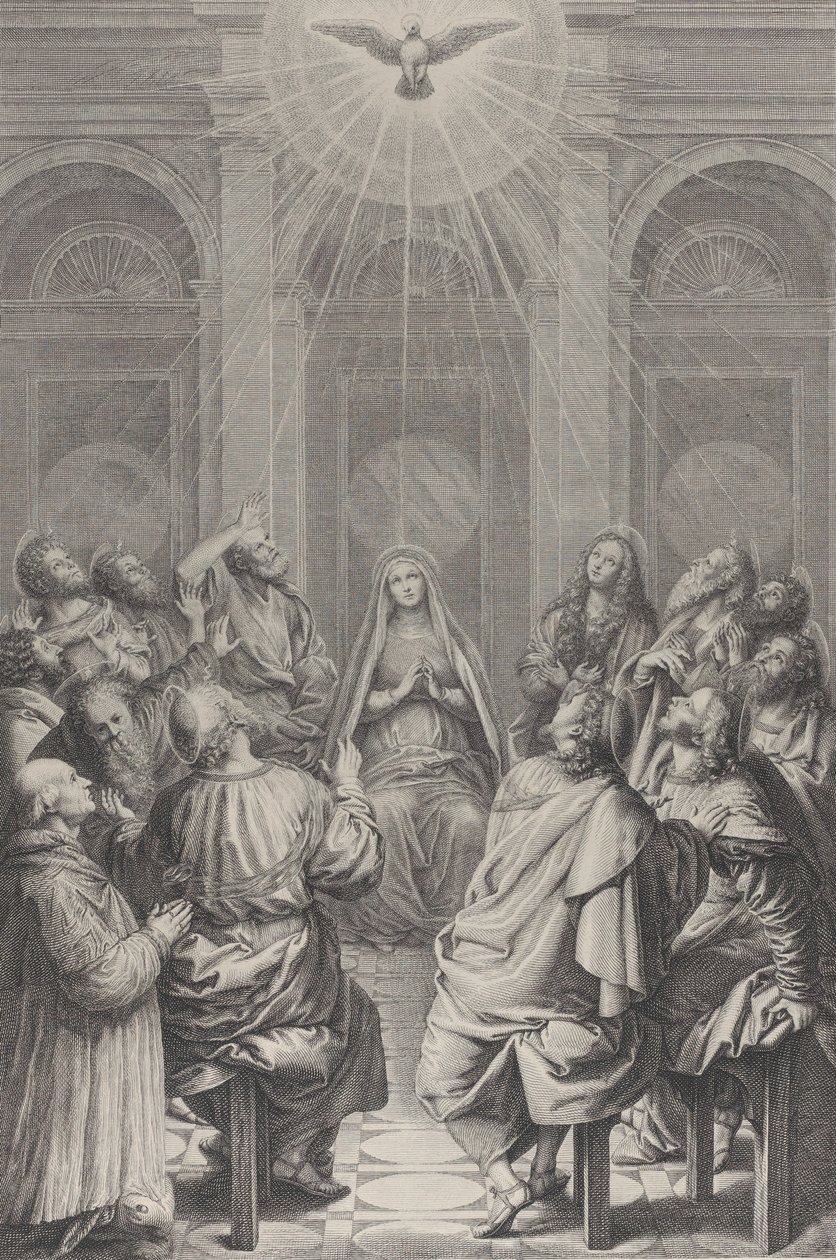 Pfingsten, mit den Aposteln und der Jungfrau Maria im Kreis sitzend, der Heilige Geist von Frédéric Horthemels