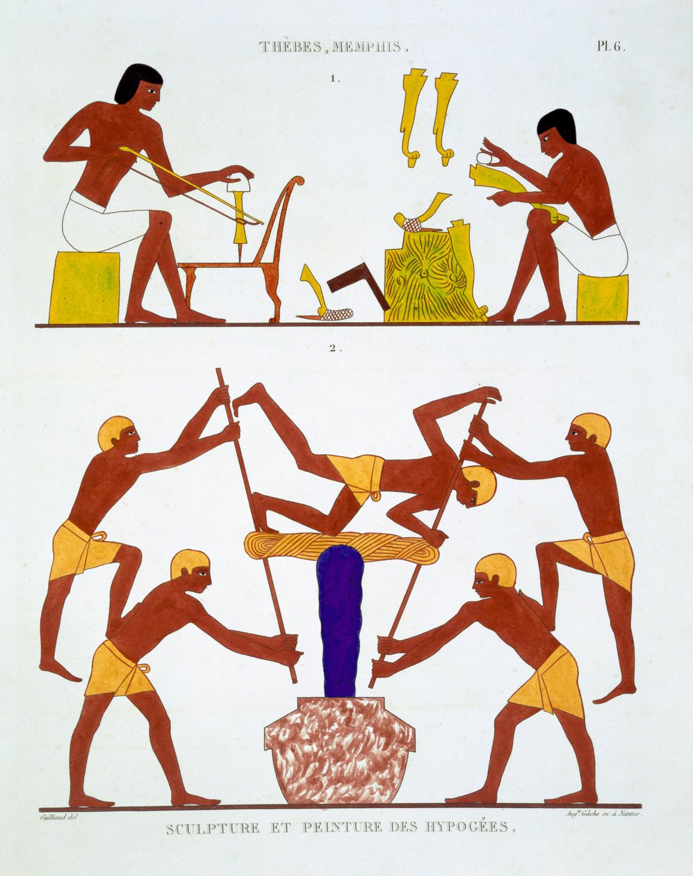 Zimmermanns- und Färbereiarbeiten, aus einem seltenen Bericht über Fresken aus Theben, aufgezeichnet 1819-1822 bei seinem zweiten Besuch in Ägypten von Frederic Cailliaud (1787-1869), Farblithografie von Frederic Cailliaud