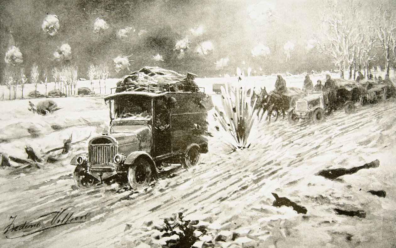 Britischer Transportzug unter schwerem Granatfeuer auf den verschneiten Straßen von Ypern von Frederic Villiers