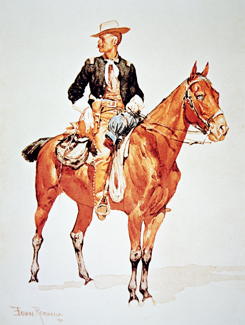 Leutnant S.C. Robertson, Chef der Crow Scouts, nach einem Aquarell von 1890 (Farblithografie) von Frederic (after) Remington