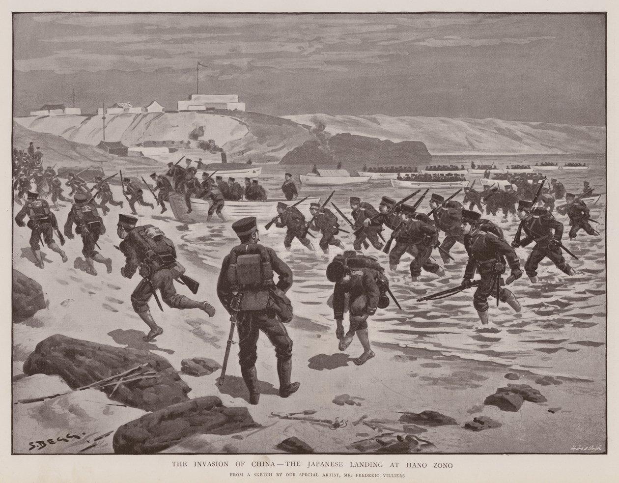 Die Invasion Chinas, die japanische Landung bei Hano Zono von Frederic (after) Villiers