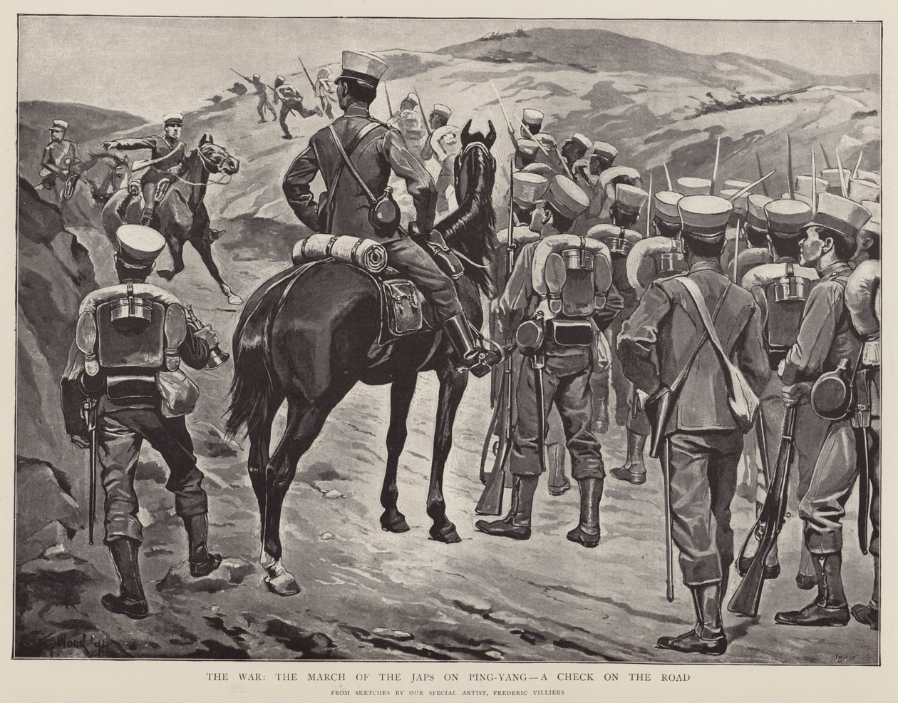 Der Krieg, der Marsch der Japaner auf Ping-Yang, ein Stopp auf der Straße von Frederic (after) Villiers
