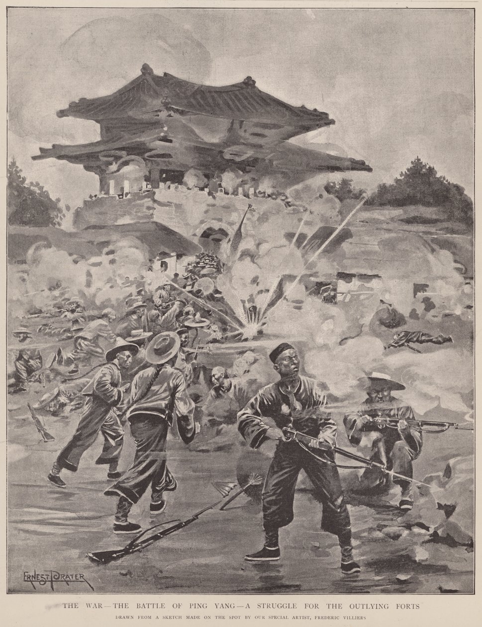 Der Krieg, die Schlacht von Ping Yang, ein Kampf um die Außenforts (Lithographie) von Frederic (after) Villiers