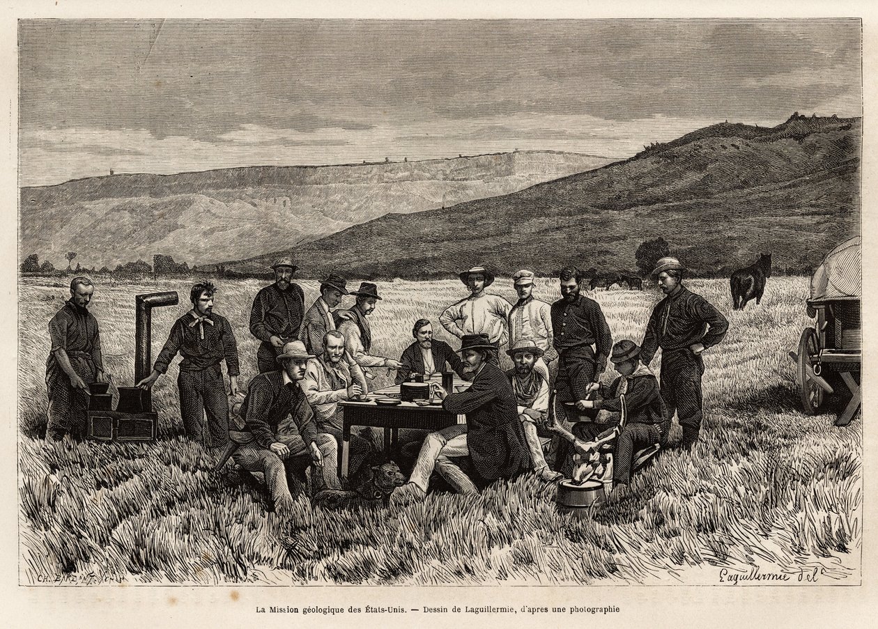 Die geologische Mission der Vereinigten Staaten ist jung in der Ebene, geätzt nach der Zeichnung von Laguillermie, zur Illustration einer Reihe von geografischen Missionen durch den United States National Park, von 1870 bis 1872, von Herren Hayden, Doane u von Frederic Auguste Laguillermie