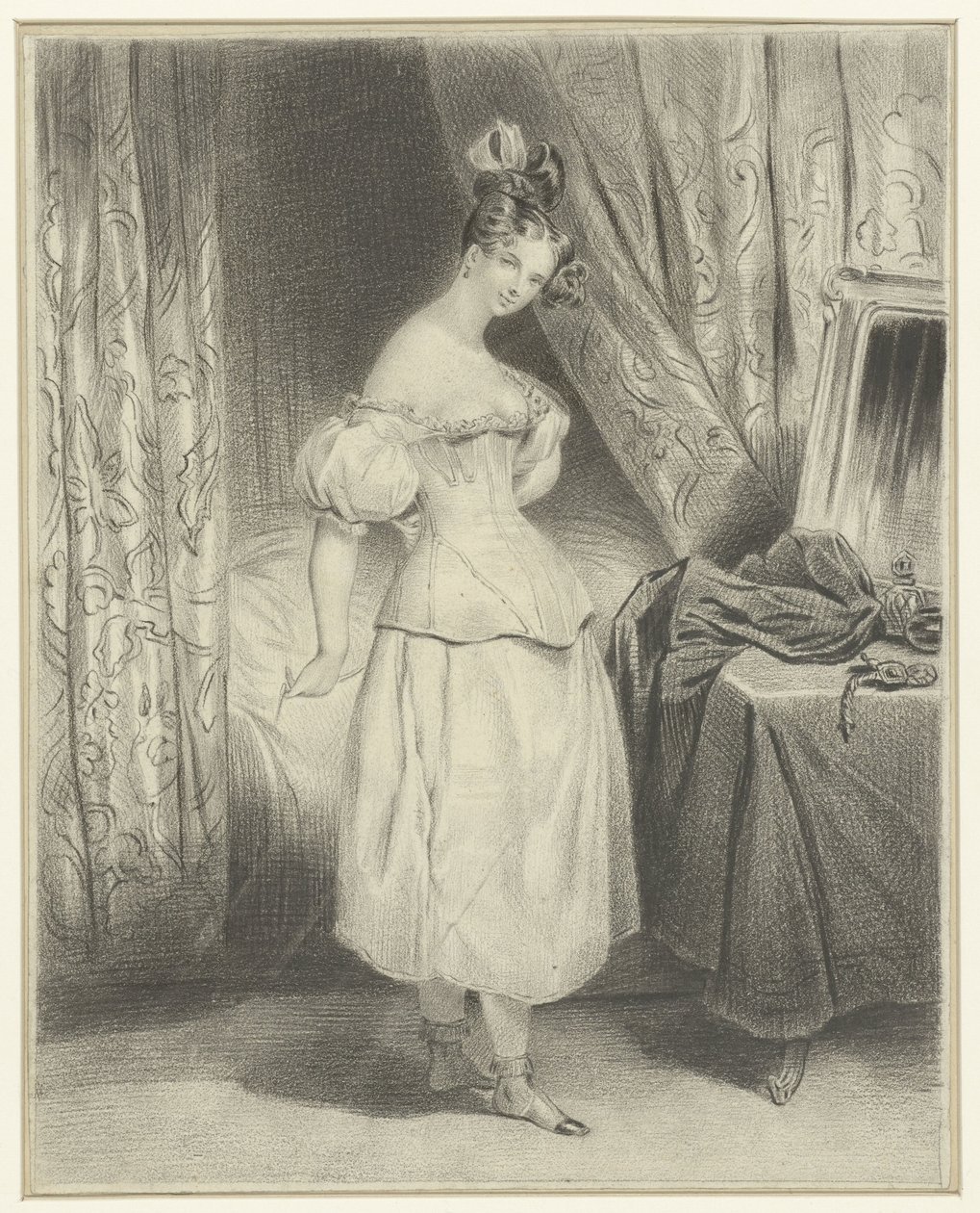 Junge Frau im Schlafzimmer, die ihr Korsett löst von Frederic Bouchot