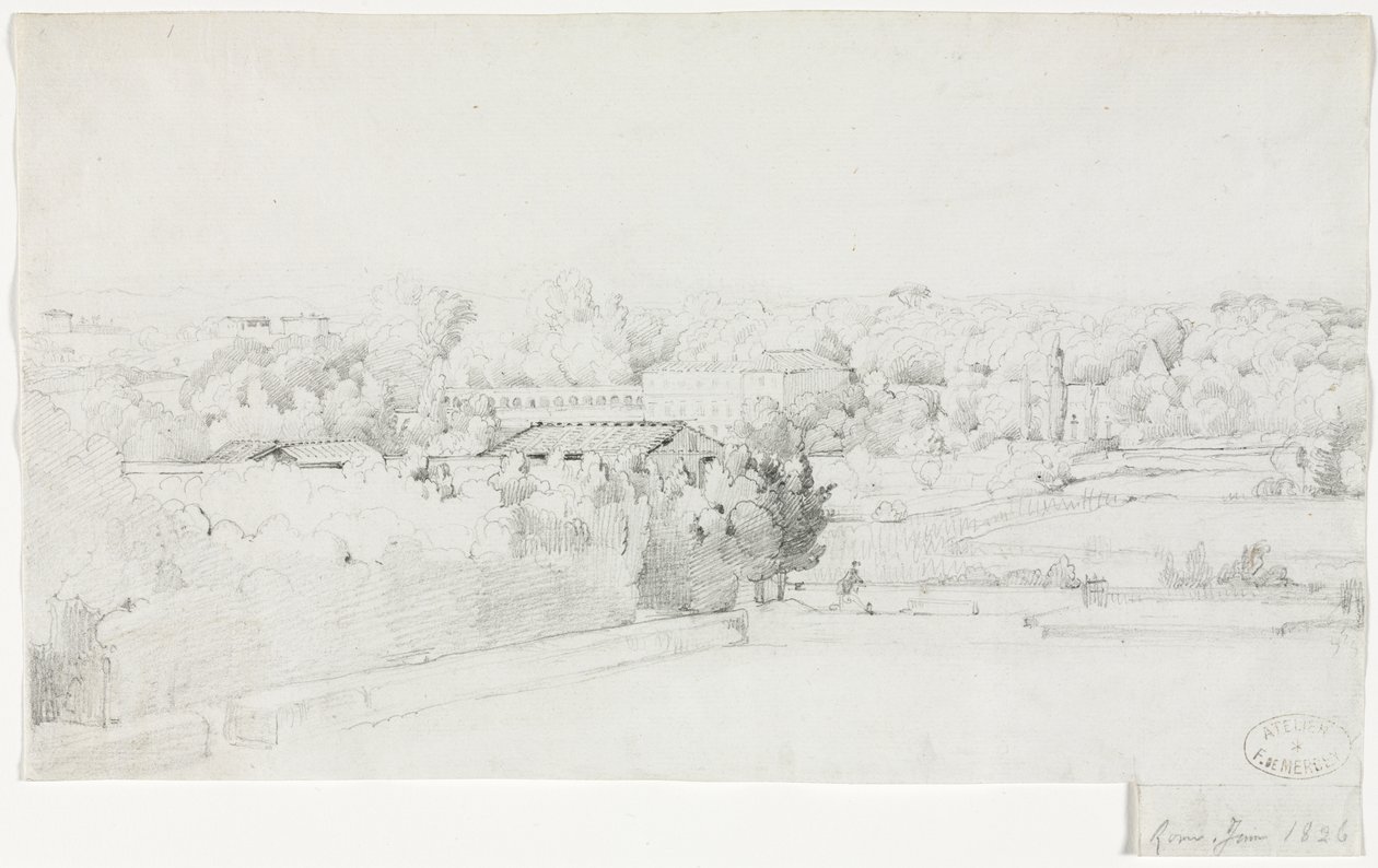 Blick auf die Villa Borghese und ihre Orangerie von der Villa Medici von Frederic Bourgeois de Mercey