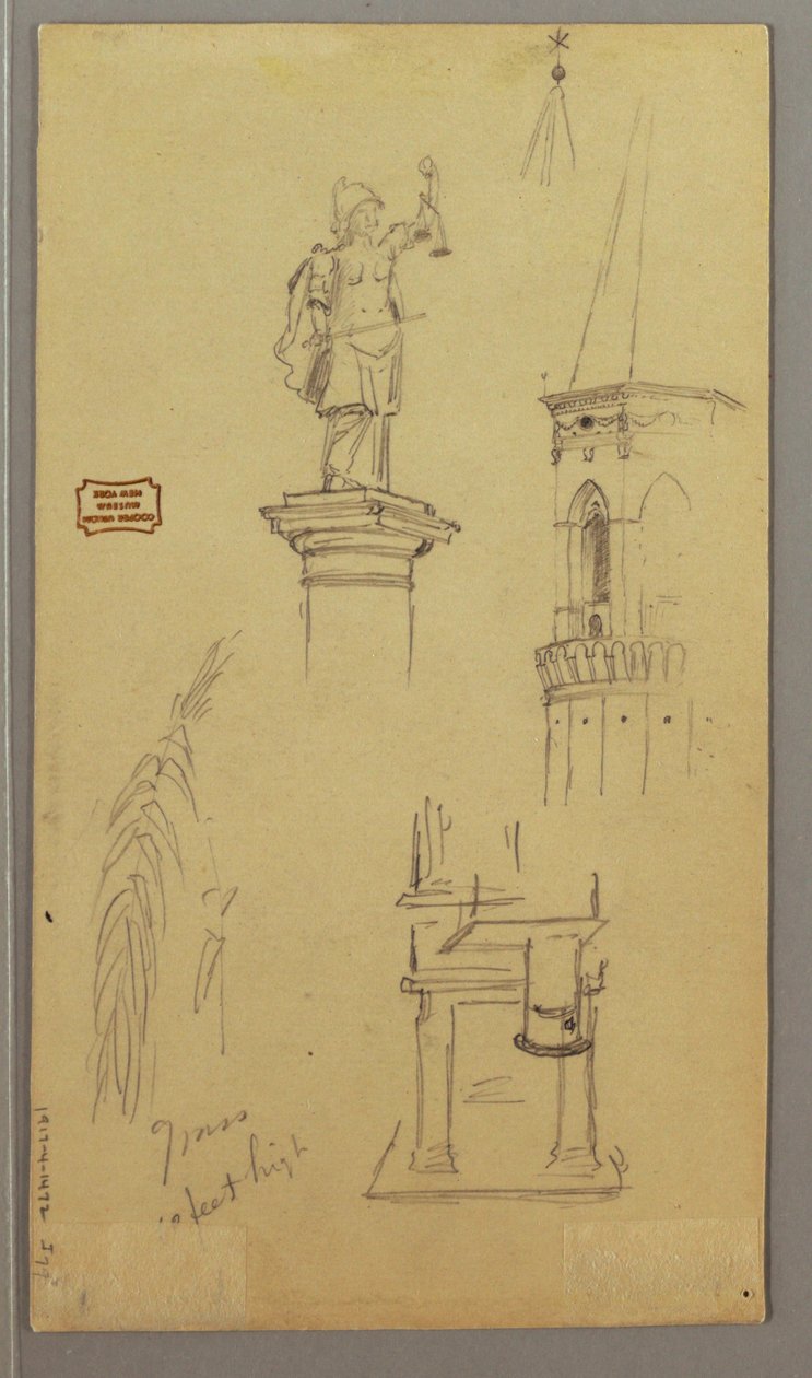 Zeichnung, Kirche, Gebäude, Überdachte Brücke, möglicherweise 1868–69 von Frederic Edwin Church