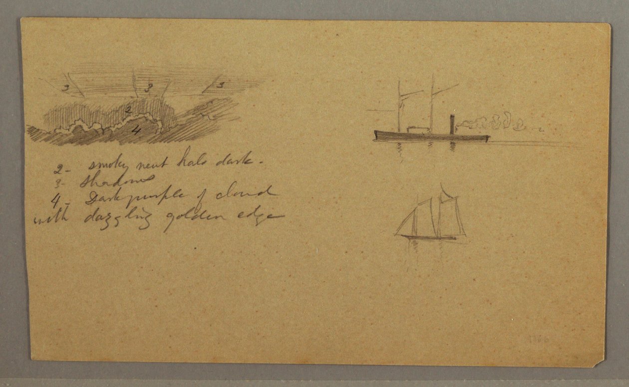 Zeichnung, Wolkenstudie, Dampfschiff, Segelboot, möglicherweise 1865–66 von Frederic Edwin Church