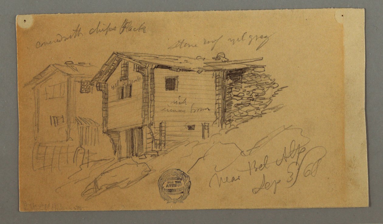 Details von Berghütten, Häusern und einem Felsen, Berner Alpen, Schweiz, 3. September 1868 von Frederic Edwin Church