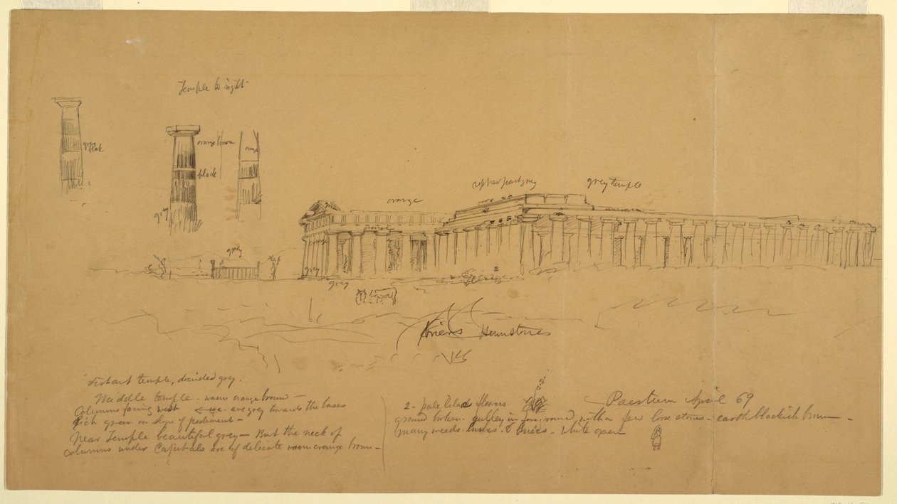 Doric Griechische Tempel von Athena (ehemals Ceres), Hera II (ehemals Neptun) und Hera I (ehemals Basilika), Paestum, Salerno, Italien, April 1869 von Frederic Edwin Church