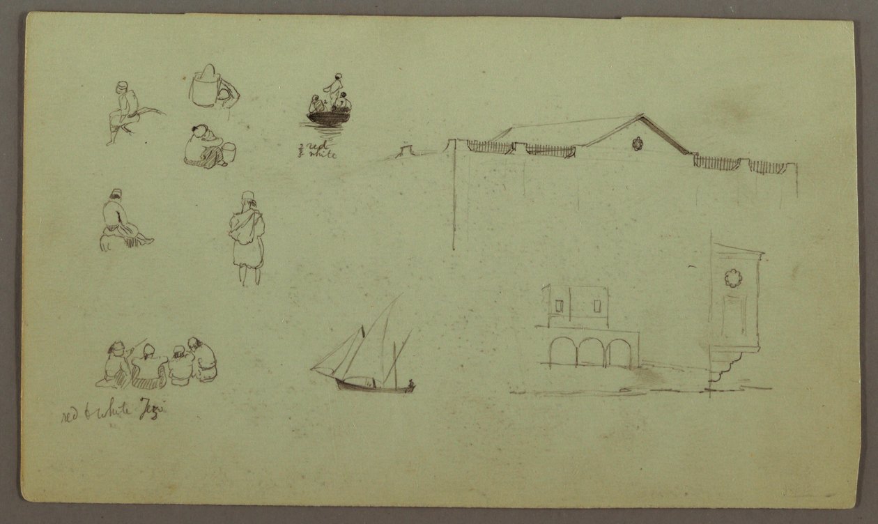 Zeichnung, Figurenstudien, Segelboot, Architekturstudien, möglicherweise 1868 von Frederic Edwin Church