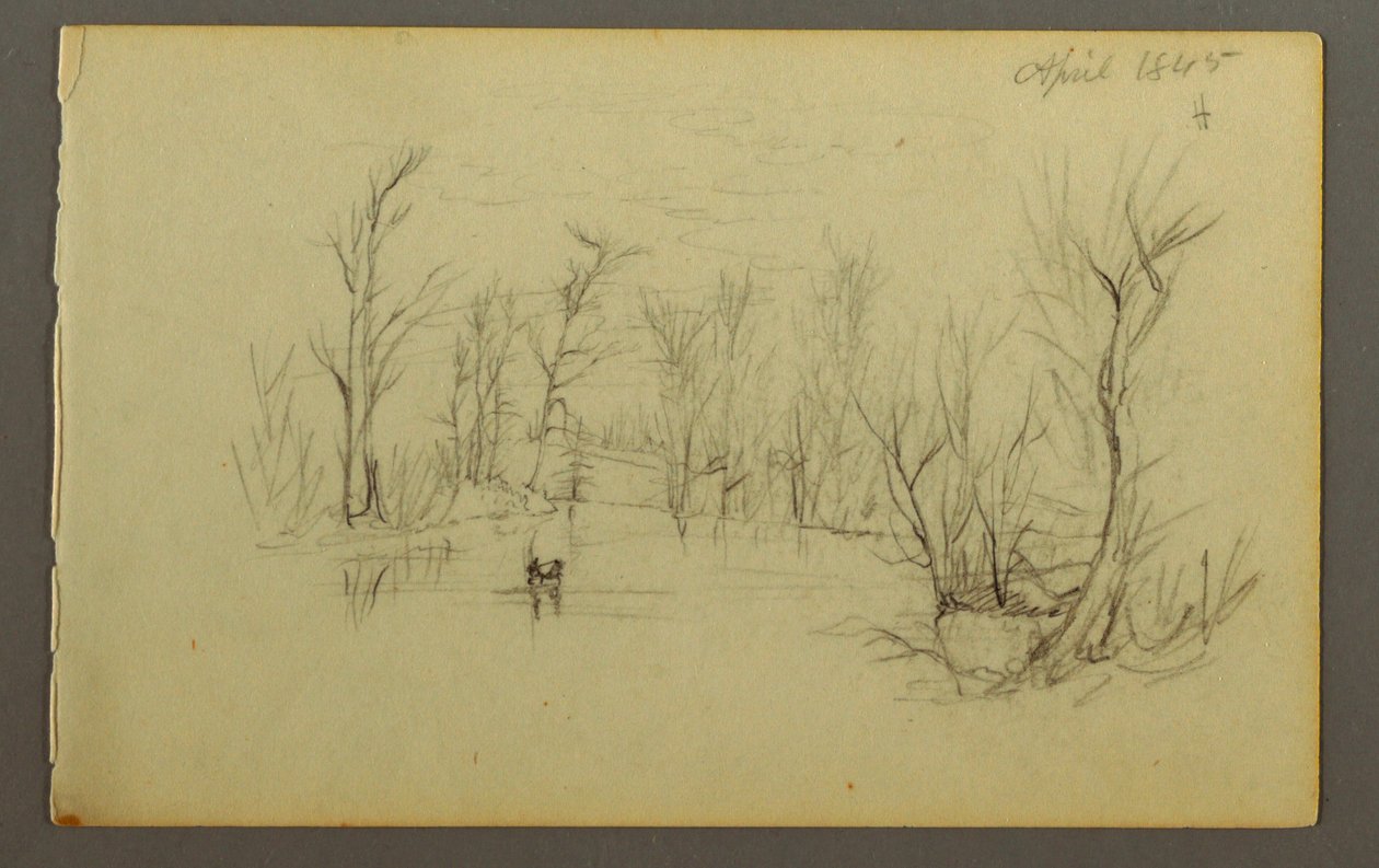 Zeichnung, Htakie (?) Teich, zwei Personen im Kanu, 1845 von Frederic Edwin Church