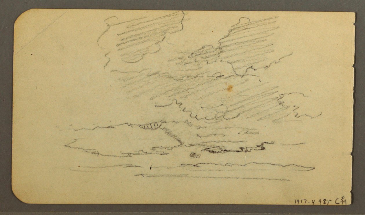 Zeichnung, Mann im Boot, Felsen, Baumstamm, Bäume, 1878 von Frederic Edwin Church