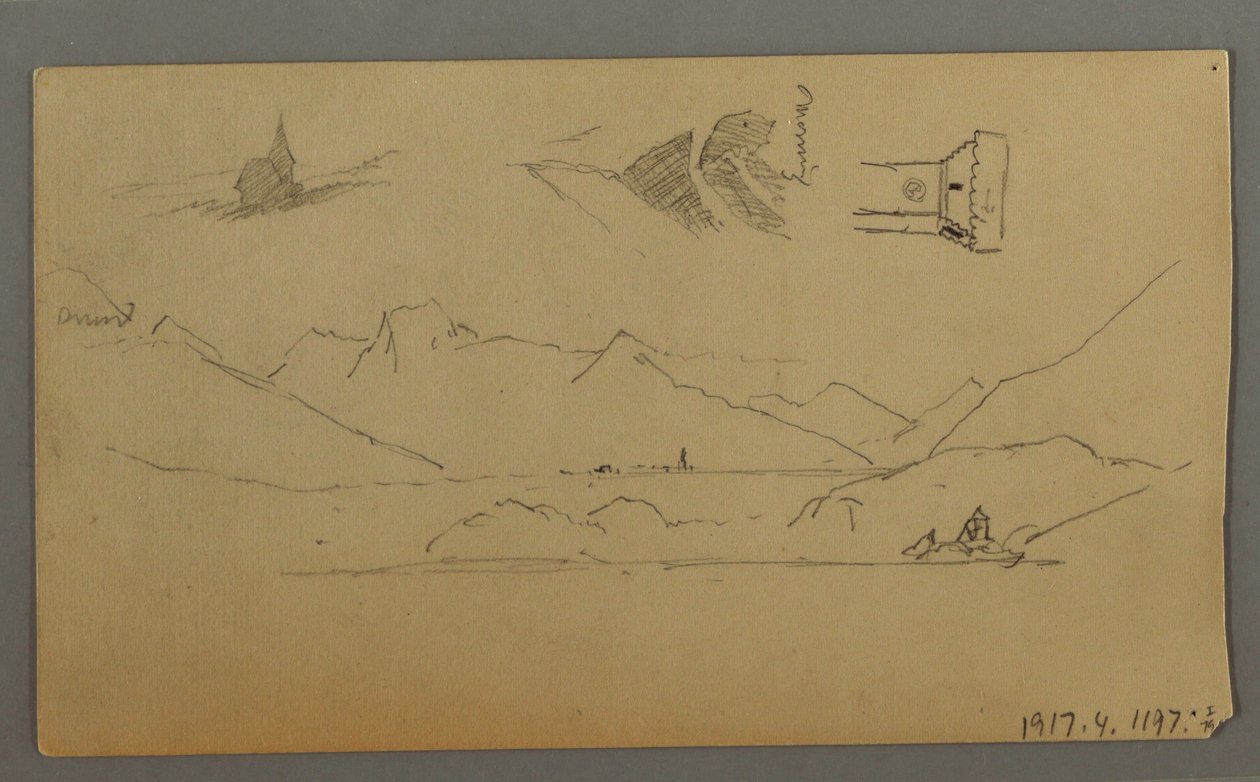 Zeichnung, Mittelalterliche Burg, Zwei Türme, Figurenstudien, in der Nähe von Thun, möglicherweise 1868 von Frederic Edwin Church