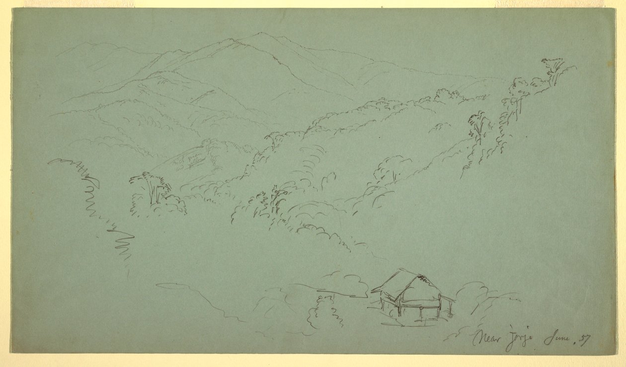 Zeichnung, Berglandschaft, Haus, "in der Nähe von Jorje," Ecuador, Juni 1857 von Frederic Edwin Church