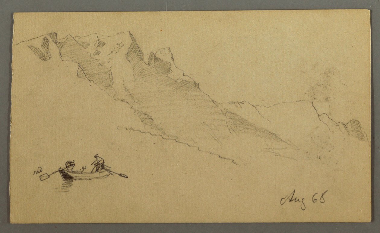 Zeichnung, Berggipfel, Zwei Figuren in einem Ruderboot, August 1868 von Frederic Edwin Church