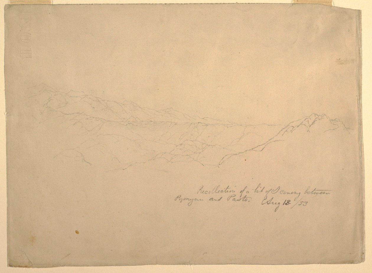 Zeichnung, Bergige Landschaft zwischen Popayan und Pasto, Kolumbien, 13. August 1853 von Frederic Edwin Church