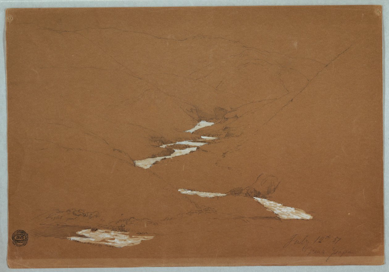Zeichnung, Enges Bergtal mit Kaskadenbach in der Nähe von Ysapan, Ecuador, 12. Juli 1857 von Frederic Edwin Church