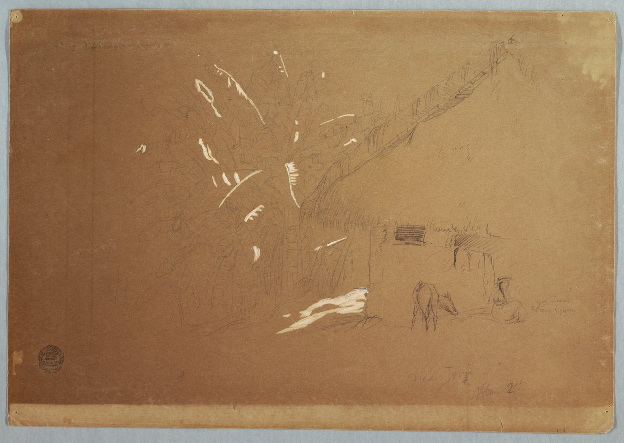 Sitzende Frau und grasender Esel vor einem Haus in der Nähe von Jorje, Ecuador, 23. Juni 1857 von Frederic Edwin Church