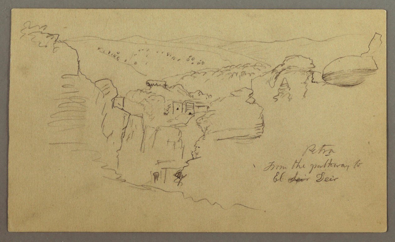 Zeichnung, Skizze. Blick auf Khirbet en Wasara "Petra / vom Pfad nach / El Deir", möglicherweise 26. Februar 1868 von Frederic Edwin Church