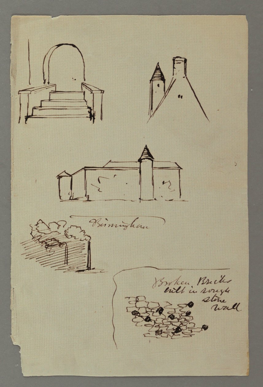 Zeichnung, Treppen, Dach mit Turm, Steinmauer, möglicherweise 1869 von Frederic Edwin Church