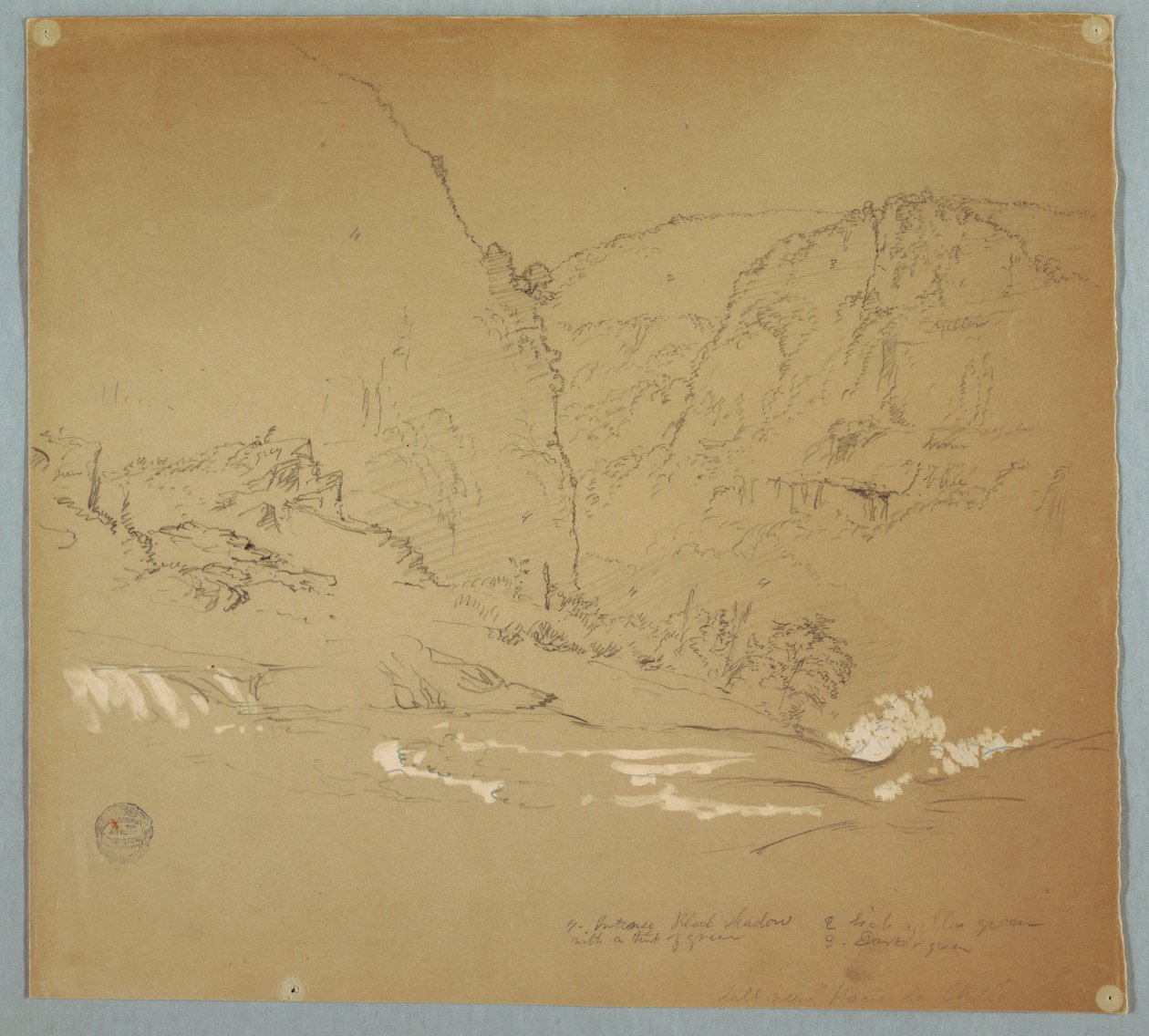 Zeichnung, Bach führt zum Rand der Wasserfälle in der Nähe von Hacienda Chillo, Ecuador, 26. Juni 1857 von Frederic Edwin Church