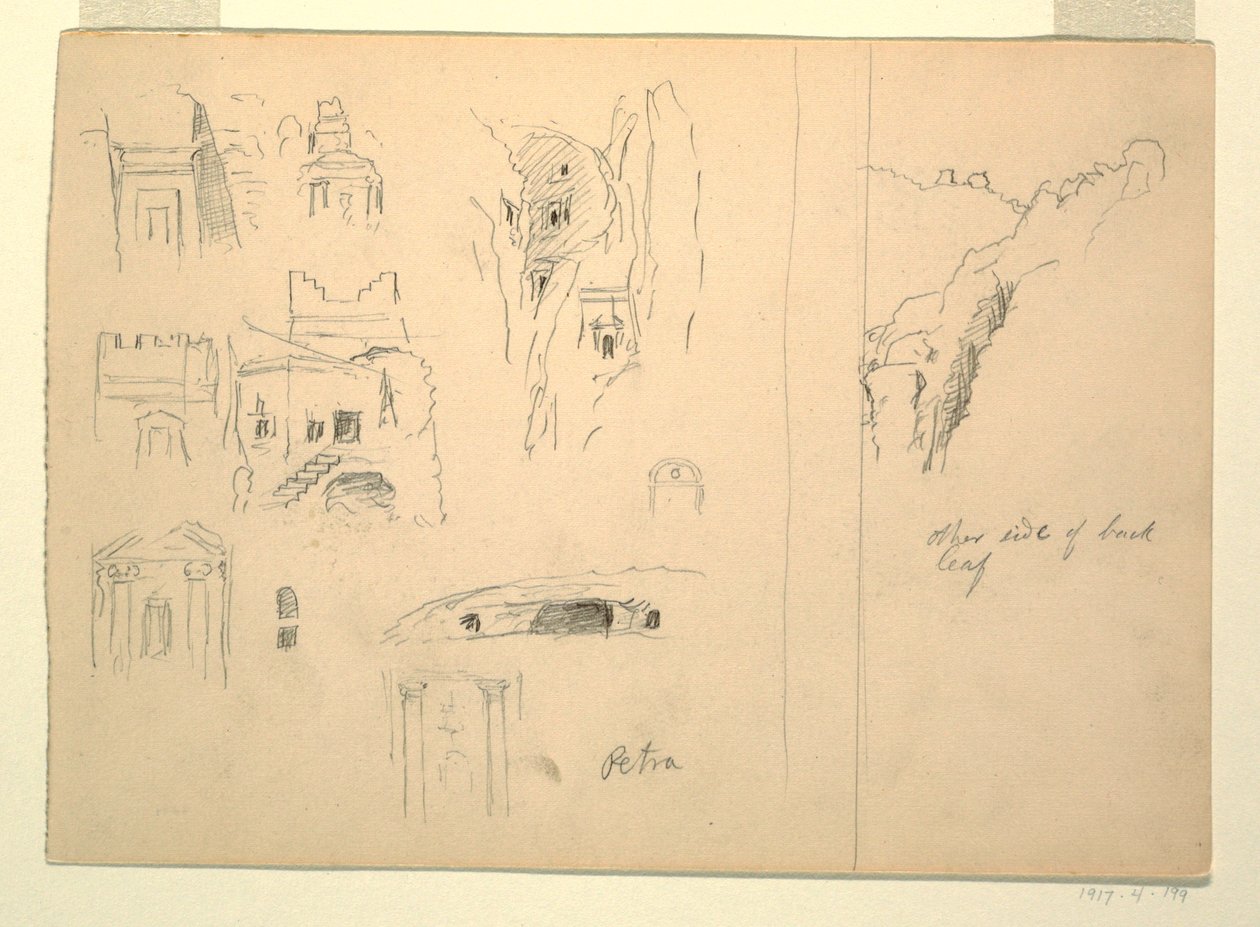 Zeichnung, Zehn Studien von Gräbern und eine Ansicht von Felsen, Petra, Jordanien, 26. Februar 1868 von Frederic Edwin Church