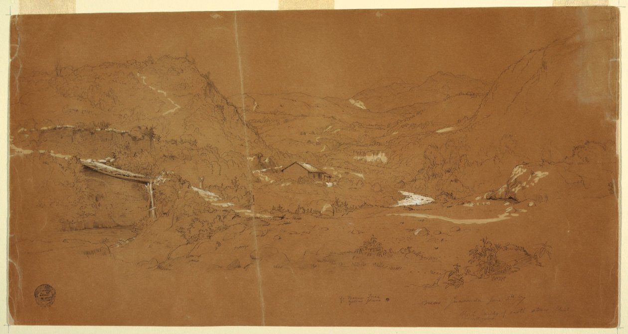 Tal mit einer Brücke und Häusern, nahe Guaranda, Ecuador, 5. Juni 1857 von Frederic Edwin Church