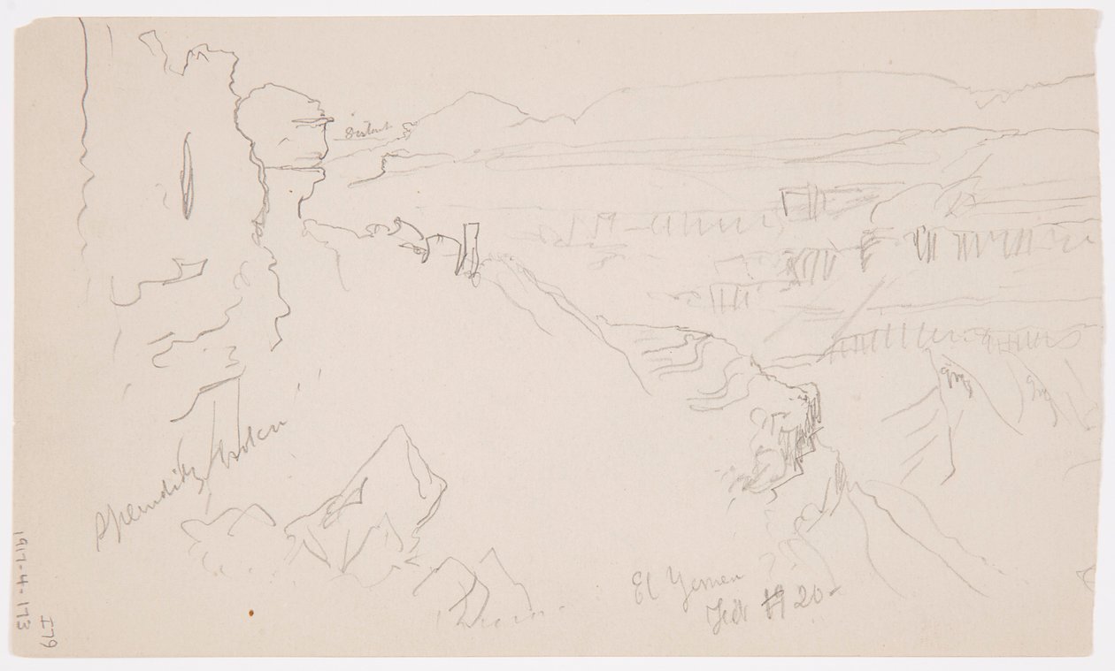 Blick über die Hügel und Ebene zu den Bergen, Tal von El Yemen, Februar 1868 von Frederic Edwin Church