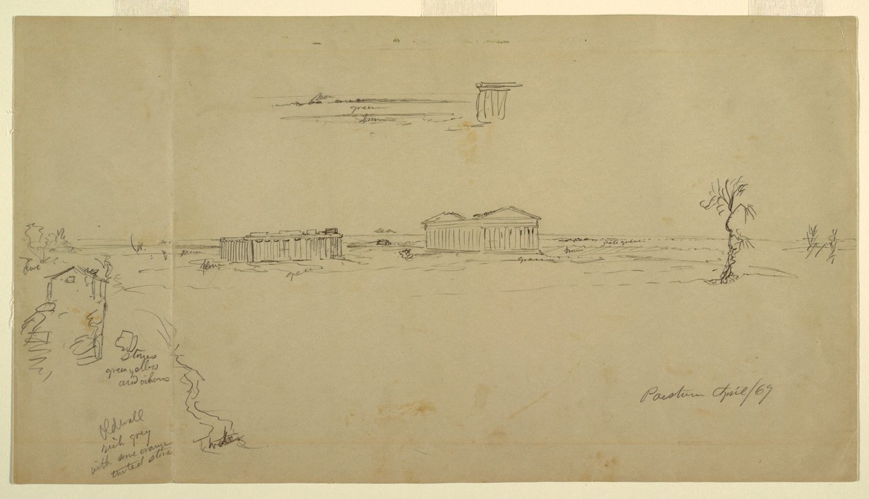 Ansichten der Basilika und des Neptuntempels, Paestum, Italien, April 1869 von Frederic Edwin Church
