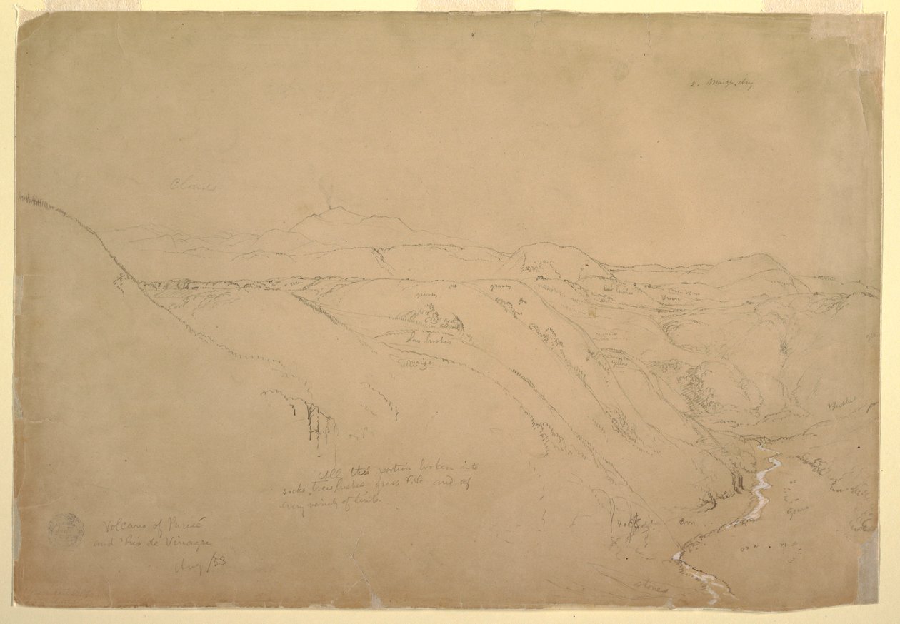 Vulkan Puresé und der Rio de Vinagre, Purese, Kolumbien, August 1853 von Frederic Edwin Church