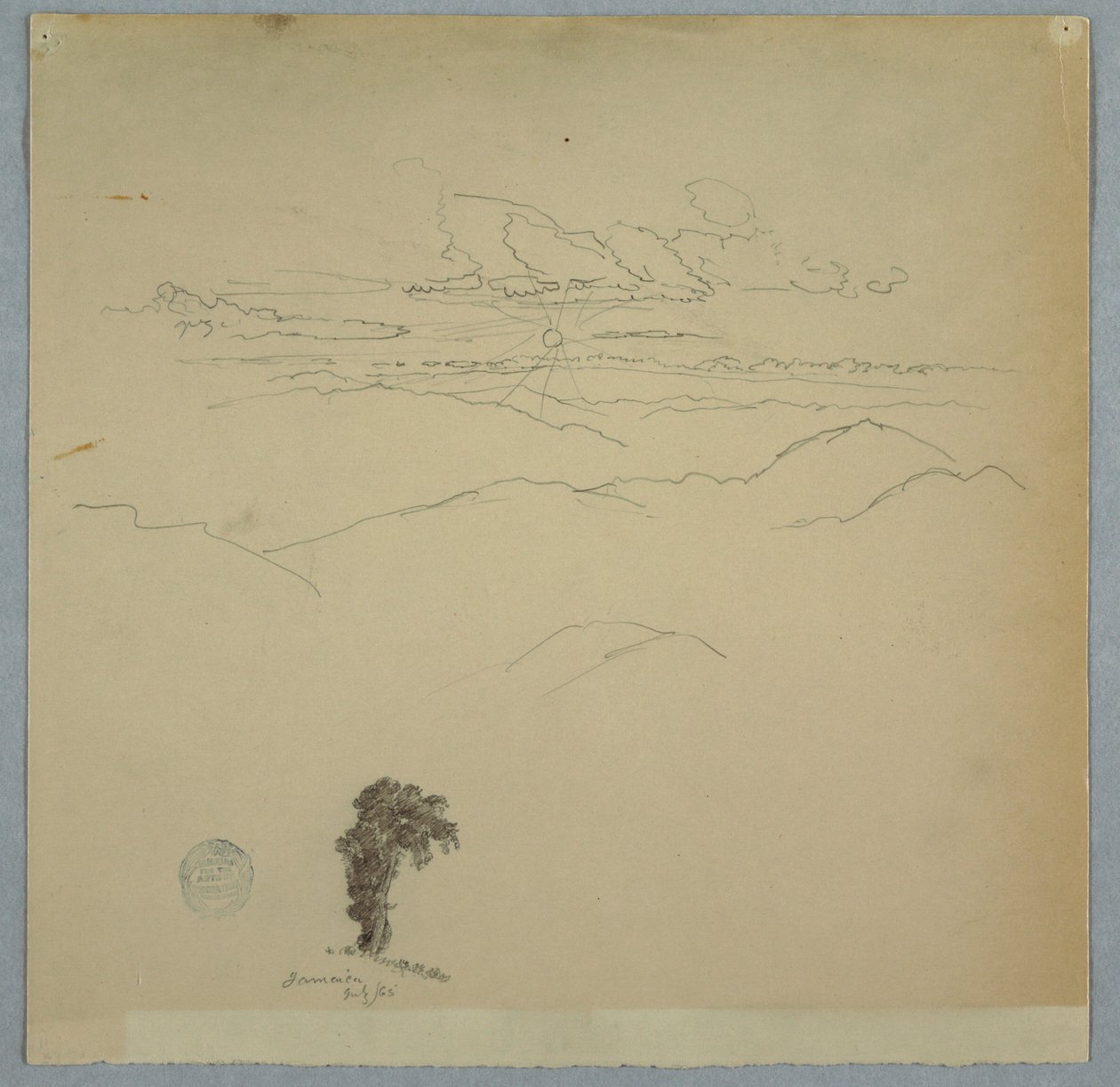 Gebirgige Landschaft mit untergehender Sonne und einem Baum, Jamaika von Frederic Edwin Church