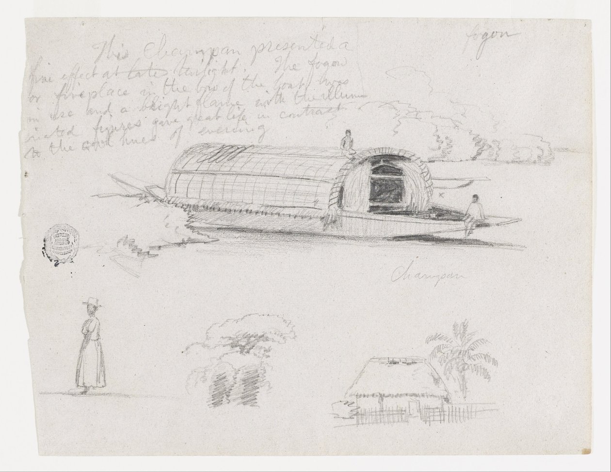 Skizzen aus Kolumbien: Flussfahrzeug (Champan), eine Frau, Baumgruppe, ein Haus von Frederic Edwin Church