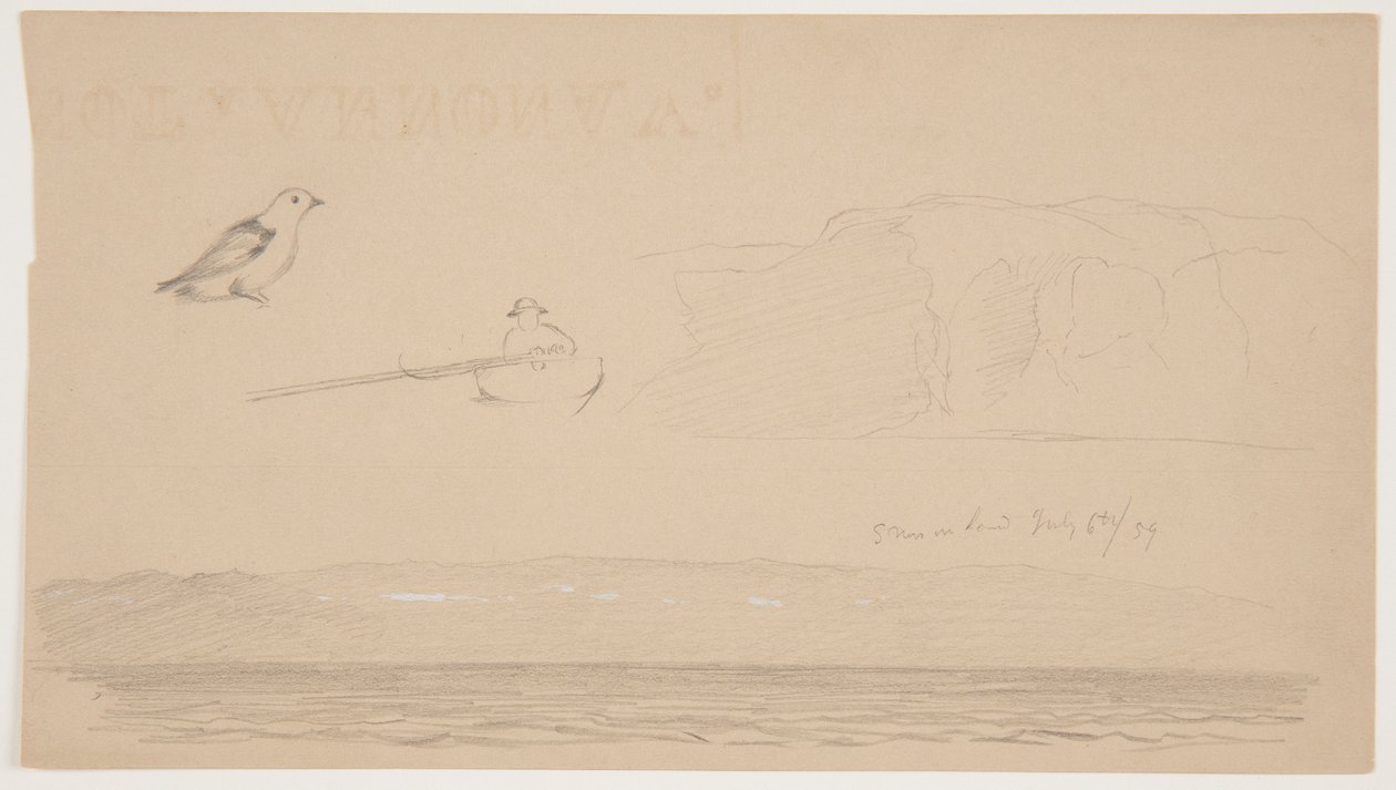 Skizzen aus Labrador von Schnee auf Land, Mann im Boot und Vogel von Frederic Edwin Church