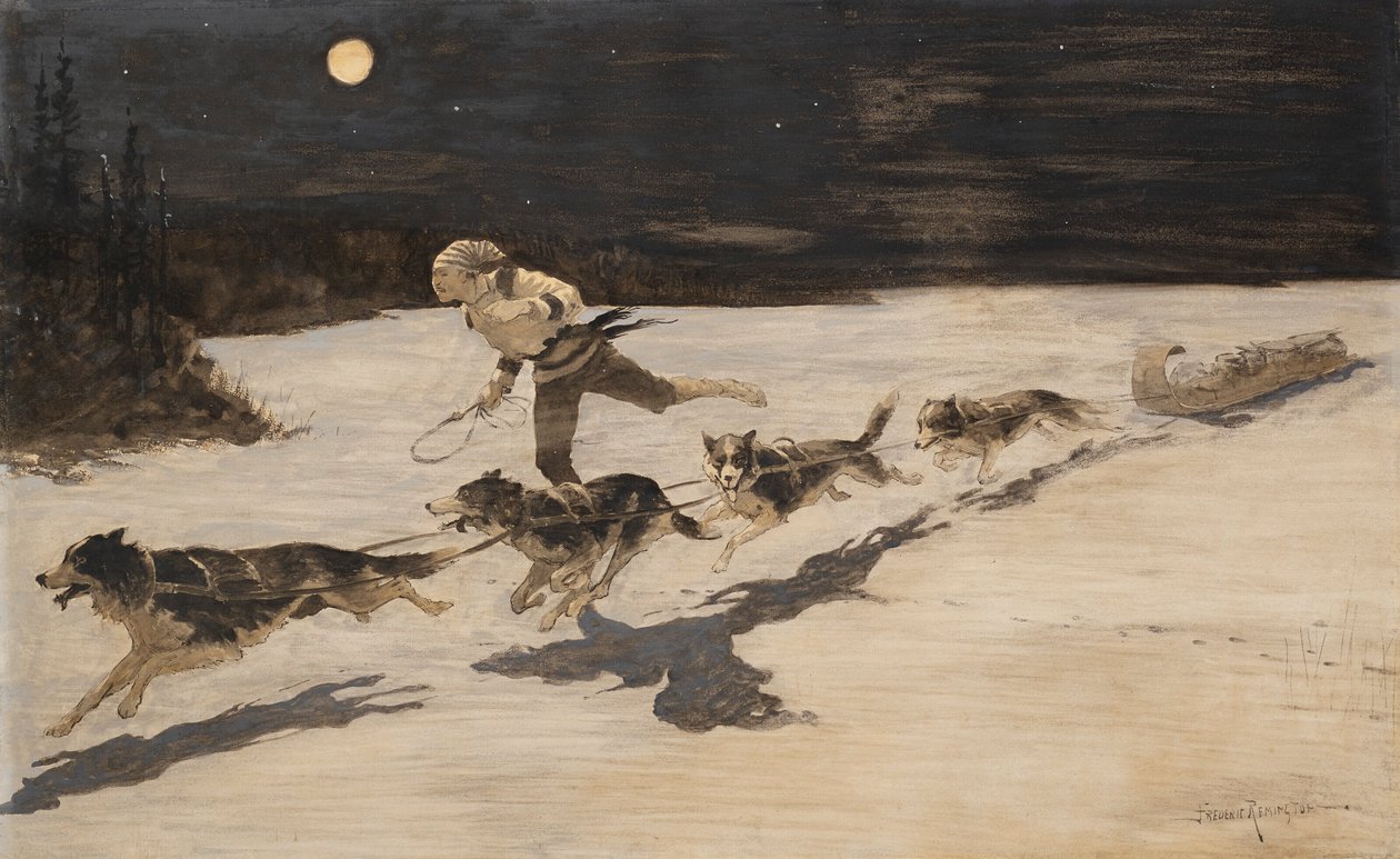 "Huskie" Hunde auf der gefrorenen Autobahn (Talking Musquash) von Frederic Remington