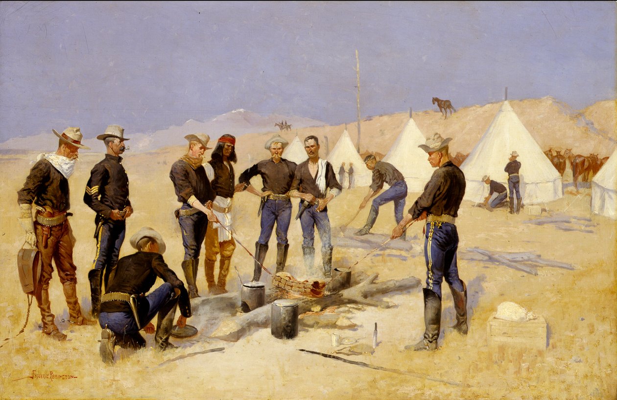 Das Weihnachtsrindfleisch in einem Kavallerielager braten von Frederic Remington