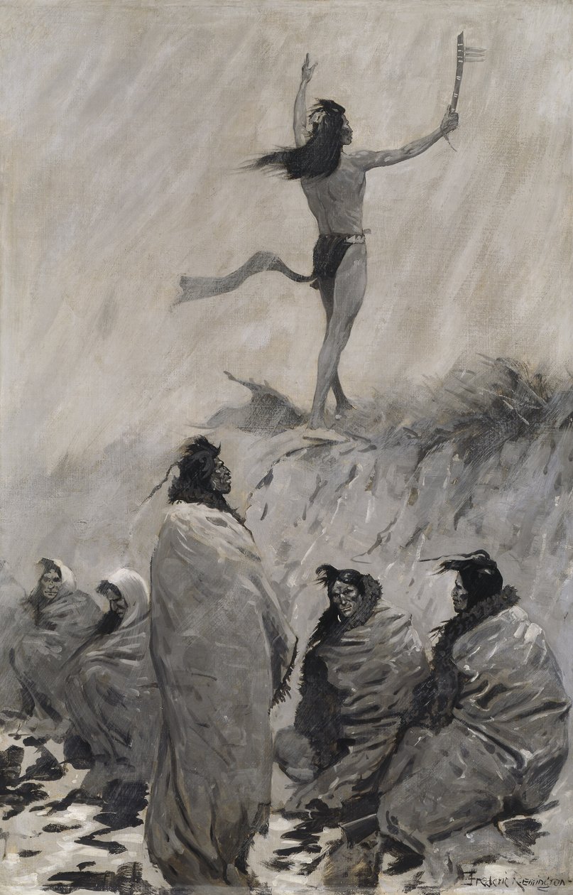 Der Feuerschlucker hob seine Arme zum Donnervogel von Frederic Remington