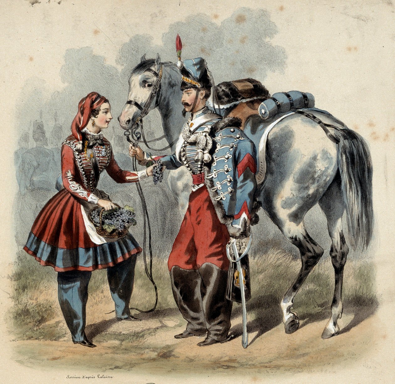 Die französische Armee und ihre Kantiniere: Husar und Kantiniere der Linieninfanterie. Gravur von Frederic Sorrieu von Frederic Sorrieu
