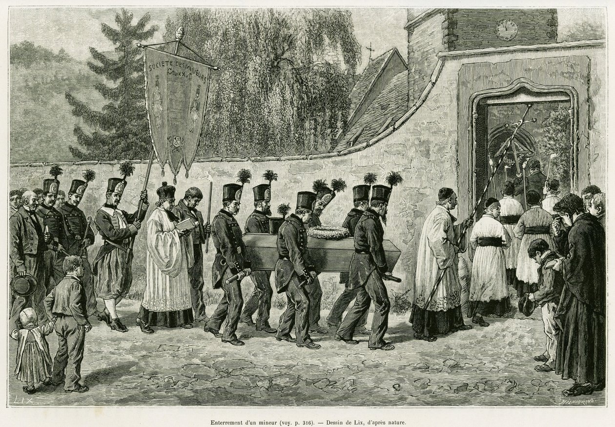 Begräbnis eines Bergarbeiters. Gravur von Lix zur Illustration der Geschichte „Durch Elsass und Lothringen“ 1887, von Charles Grad, deutscher Abgeordneter, in Le Tour du monde 1888, herausgegeben von Edouard Charton (1807-1890), Hachette, Paris. von Frederic Theodore Lix