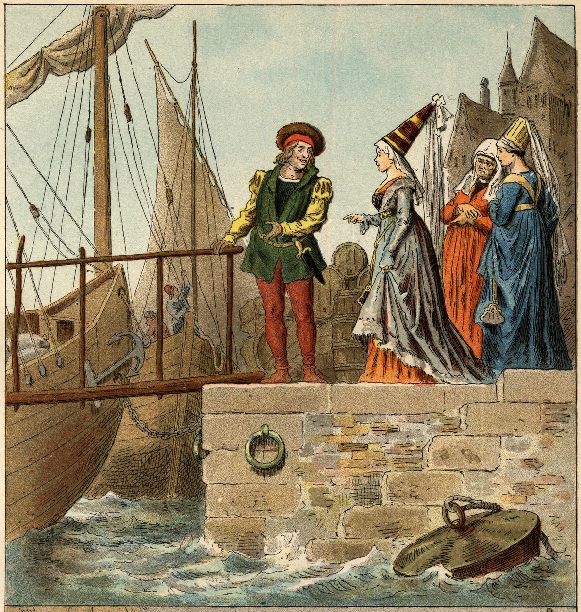 Volkslied: „A Nantes est arrive“. Illustration (Detail) von Frederic Theodore Lix (1830-1897) in „Chansons et rounds enfantines des provinces de la France“. von Frederic Theodore Lix