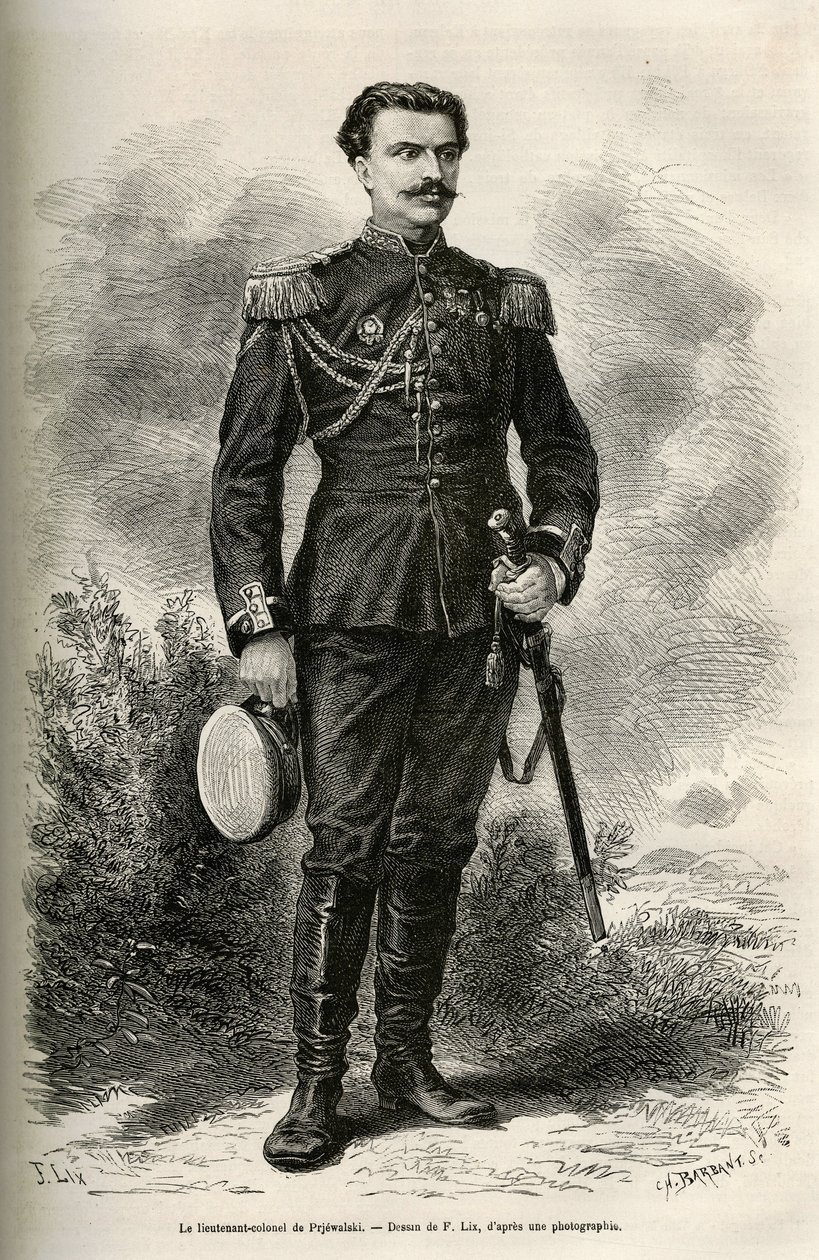 Porträt des Reisenden und Erzählers Oberstleutnant von Prjewalski, Zeichnung von F. Lix, um die Reise nach Mongolei und das Land der Tanguten von 1870 bis 1873 von Oberstleutnant von Prjewalski zu illustrieren. Gravur in Le tour du monde von Frederic Theodore Lix