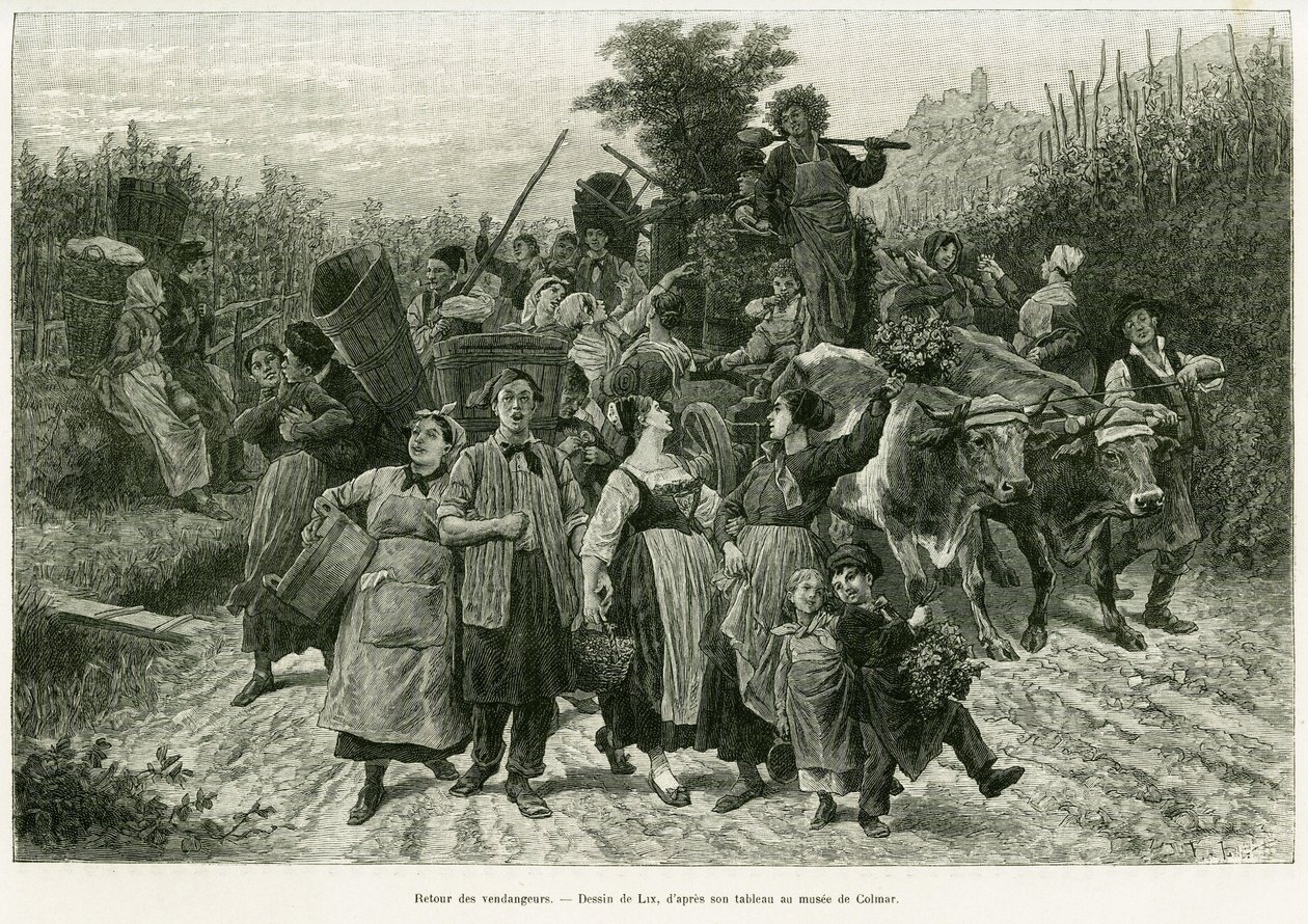 Rückkehr der Ernte. Gravur von Lix zur Illustration der Geschichte „Durch Elsass und Lothringen“ von Charles Grad, veröffentlicht in Le Tour du monde 1888 von Frederic Theodore Lix