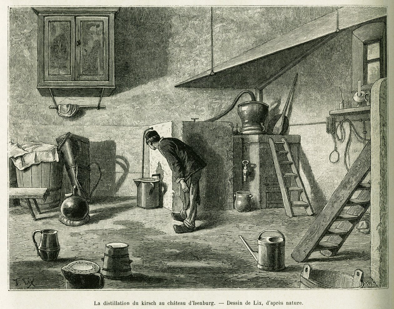 Die Destillation des Kirschs im Schloss von Isenburg. Gravur von Lix zur Illustration der Geschichte A Travers l