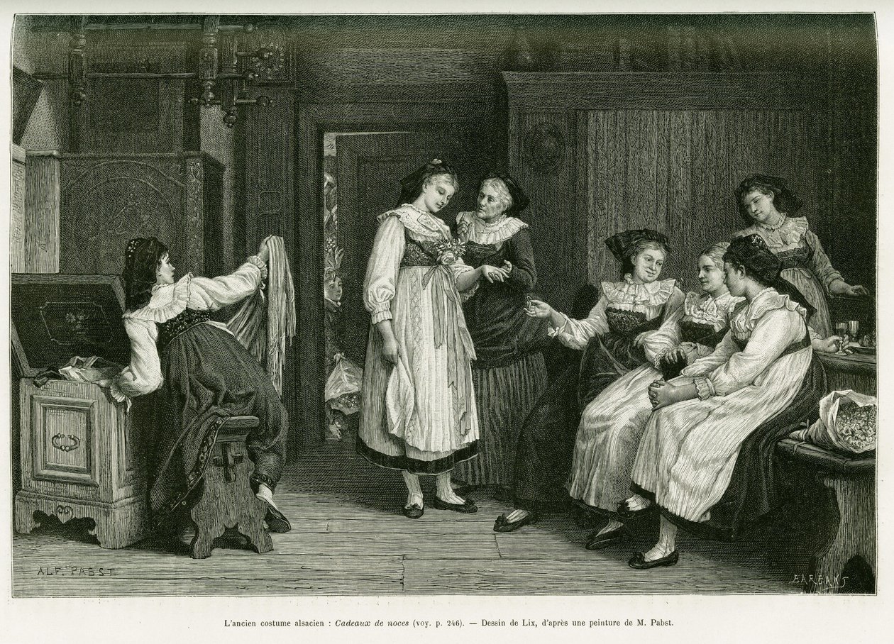 Die alte elsässische Tracht. Gravur von Lix, nach einem Gemälde Present de Noces von Pabst, zur Illustration der Geschichte A Travers l