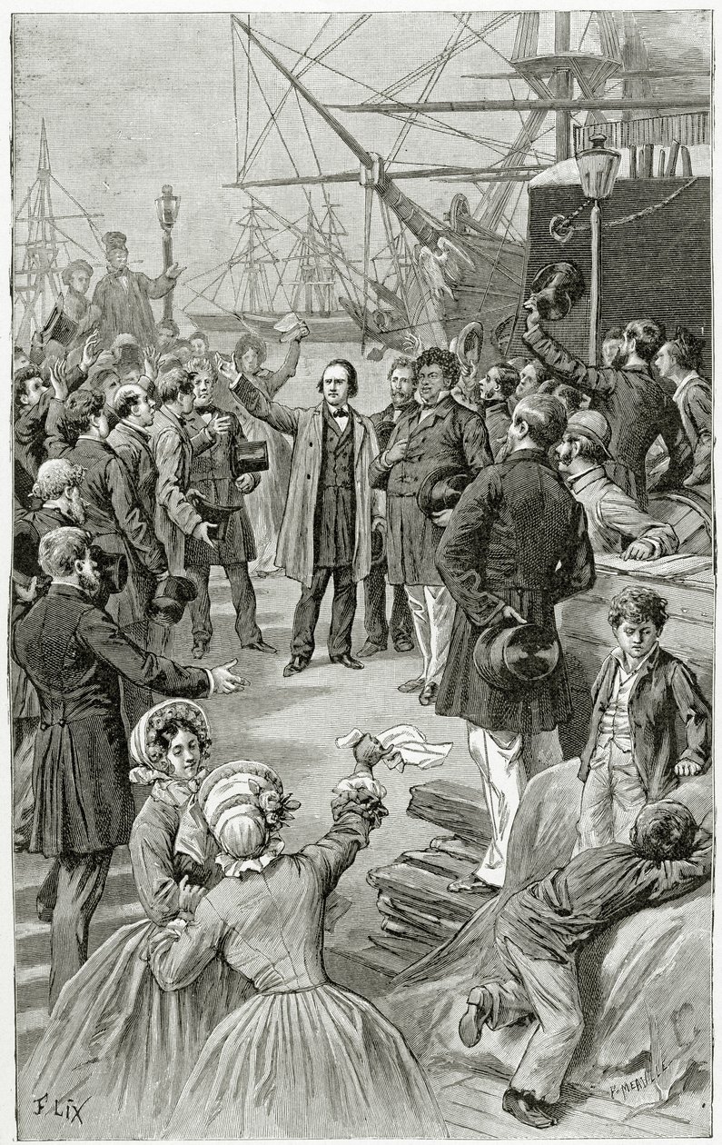 Victor Hugo ruft während einer Rede im Exil am 1. August 1852 eine universelle Republik aus, 19. Jahrhundert von Frederic Theodore Lix